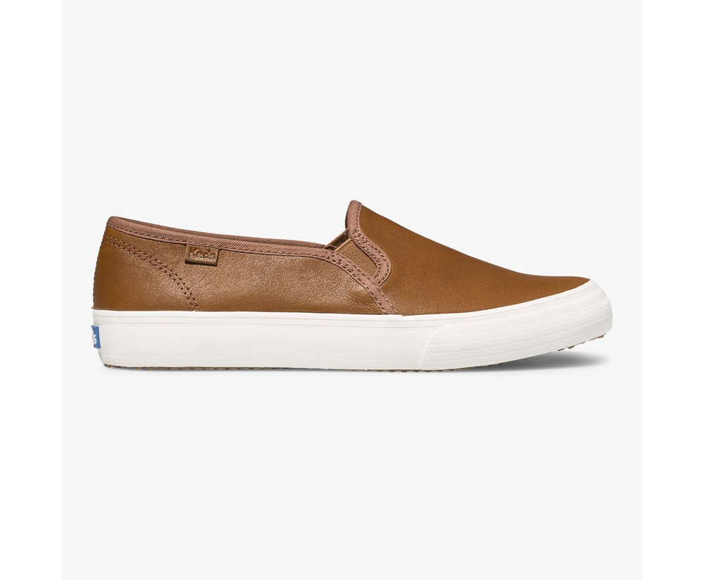 Womens Keds Slip Ons - Double Decker Leather - Brown - 4087-DRYEN